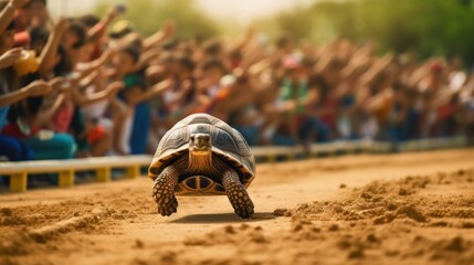 turtle walking down a red track in a concept of racing or getting to a goal no matter how long it takes, people on both sides of the track watching, concept of Tortoise and the Hare. - obrazy, fototapety, plakaty