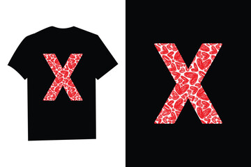 Red Heart Valentines Day Initial Monogram Letter "X" T-Shirt
