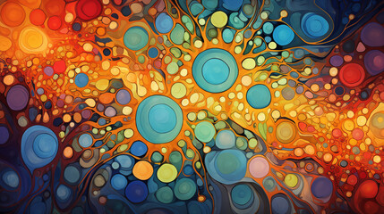 a diverse group of cells within a vivid microcosm, infused with vibrant colors, highlighting their interconnectedness and importance - obrazy, fototapety, plakaty