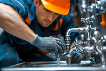 Plumbing work concept. A plumbing technician uses a wrench to repair a water pipe. Maintenance concept, fixing tap water leaks, replacing drains and cleaning clogged pipes from dirt or rust. - obrazy, fototapety, plakaty