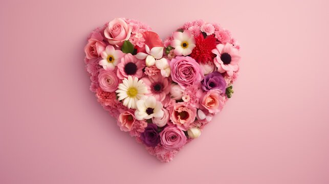 Beautiful heart made of beautiful flowers on a pastel pink background