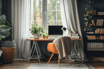 Aesthetic interior of a work office with a wooden table and a modern computer, indoor plants, books...
