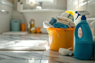Various cleaning and detergents, accessories in a bucket on the floor in the bathroom.Household chemicals.A set for cleaning various surfaces in the bathroom and other rooms.Cleaning service concept. - obrazy, fototapety, plakaty