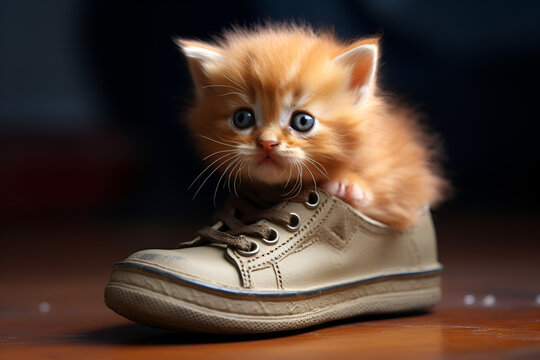 A small cute kitten sits in the shoe close up