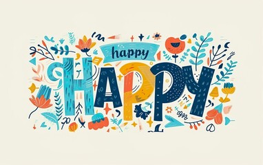 Happy bright welcome poster. Welcoming quote banner on the off white background with colorful leafs and flowers frame. Botanical floral doodle illustration. Lettering composition. AI Generative.