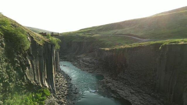 Aerial video of the dramatic basalt pillared Studlagil Canyon 
