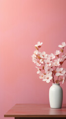 Beautiful cherry blossom in vase on table against color background.