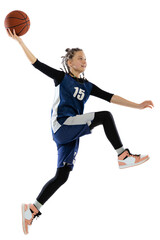 Young female basketball player in mid-action, executing layup or dunk against transparent background. Concept of sport, hobby, energy, active lifestyle, movement. Championship 2024. - obrazy, fototapety, plakaty