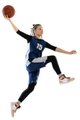 Fotobehang Young female basketball player in mid-action, executing layup or dunk against transparent background. Concept of sport, hobby, energy, active lifestyle, movement. Championship 2024. © Lustre Art Group 