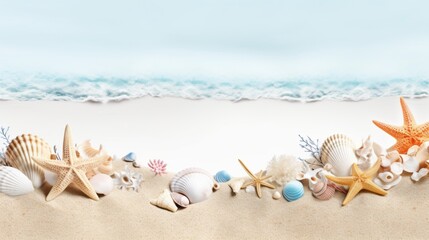 Seashells and Starfish on Sunny Beach with Waves, Summer Vacation Concept