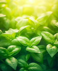 Close up of basil leaves, blurred garden background with copy space