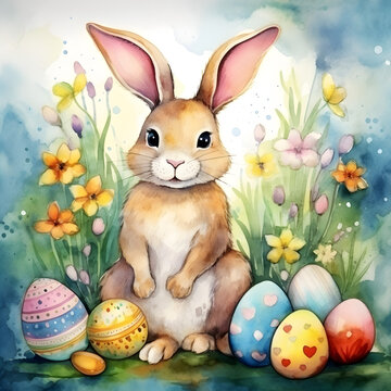 Easter wreath with bunny, colored eggs in grass and flowers. Watercolor. High quality photo