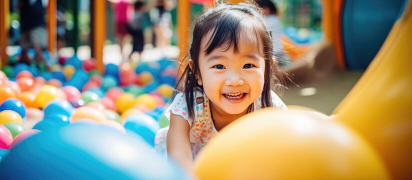 Asian girl engaged in outdoor play at school or kindergarten playground, benefiting children's wellness during the summer.