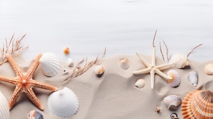 Seashells and Starfish on Sunny Beach with Waves, Summer Vacation Concept