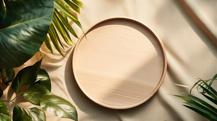 top view minimal round wooden tray plate on wood plate with sunlight simple design - obrazy, fototapety, plakaty