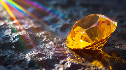 A yellow diamond, top view, black  stone background with rainbow