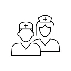 Medical team icon. Simple outline style. Nurse, male, female, man, woman, medic, doctor, health, medicine, hospital concept. Thin line symbol. Vector isolated on white background. SVG.