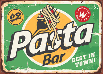 Retro menu poster design for pasta bar. Fork with spaghetti vintage advertising sign layout. Italian restaurant fast food vector illustration.