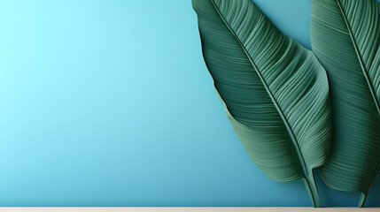 tropical banana leaf shadow on pastel blue wall background for simple interior design