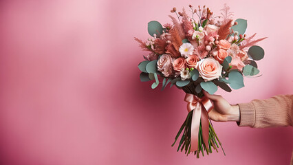 hand holding pink bouquet on pink background