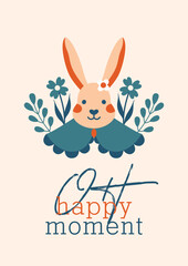 Cute white rabbit, bunny, hare with flowers, plants, leaves, text "Oh happy moment". Cottagecore, village life aesthetic. Easter's day. For card, banner, sticker, badge.