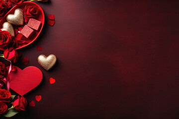 Valentines day background with red hearts, roses and gift box. Top view with copy space.