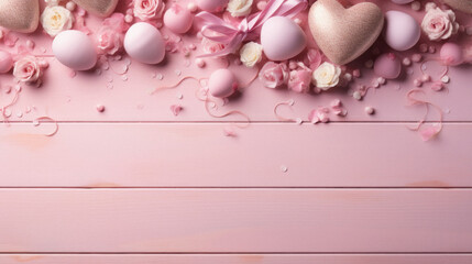 Fototapeta premium Easter background with pink eggs, hearts and flowers on pink wooden table.