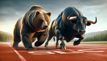 Stock market rivals bear and bull getting ready for a financial race between each other at the start line - obrazy, fototapety, plakaty