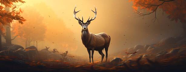 Stag in the autumn forest with a orange sky, in the style of photorealistic portraits, photo-realistic landscapes

