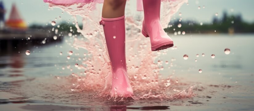Woman wearing pink rain boots leaps into water.