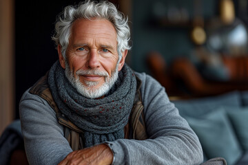 Portrait of an elderly gray-haired man in a brown coat and scarf against a blurred background of a crowd of people in the waiting room. Portrait of a grey-haired bearded man in a jacket.