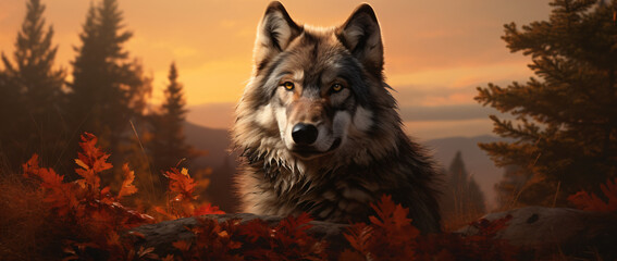 Wyoming wolf in the forest at sunset, in the style of light silver and dark amber, photo-realistic landscapes, dark red and light amber, close up, anemoiacore, dark yellow and light indigo, caninecore - obrazy, fototapety, plakaty