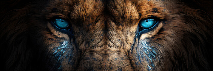 An image of a lion's face looking away, in the style of symmetrical composition, photo taken with provia, macro photography, explosive wildlife, national geographic photo, eye-catching, high resolutio - Powered by Adobe