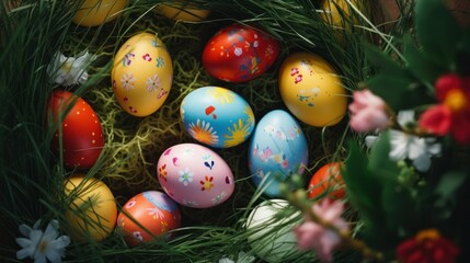 Fototapeta na wymiar multi-colored eggs lie in the green grass.top view.soft focus,defocus.concept of Easter,Christ,holiday, bunny.copy space, mock-up,space for text
