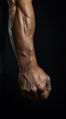 Fototapeta na wymiar male strong hand with muscles clenched into a fist. advertising concept for the gym, competition, arm wrestling, wellness treatments, sports store.copy space, mock-up,space for text.vertical photo