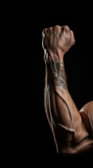 male strong hand with muscles clenched into a fist. advertising concept for the gym, competition, arm wrestling, wellness treatments, sports store.copy space, mock-up,space for text.vertical photo