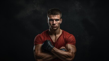 Fototapeta na wymiar a bare-chested man swings red gloves. dark background. concept of healthy lifestyle, sports, boxing, advertising for the gym.copy space, mock-up,space for text. soft focus,defocus