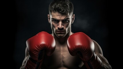 a bare-chested man swings red gloves. dark background. concept of healthy lifestyle, sports, boxing, advertising for the gym.copy space, mock-up,space for text. soft focus,defocus.horizontal photo