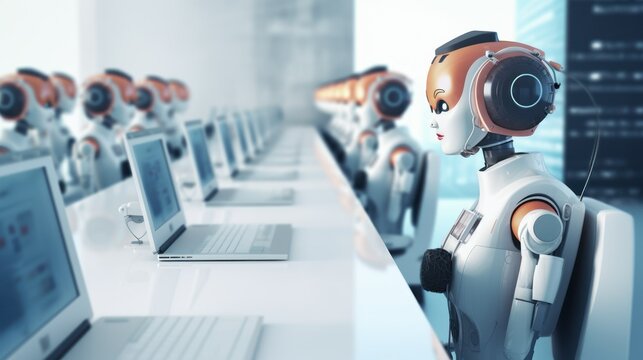 many white cyborgs work on computers. side view. concept androids, machines, artificial intelligence, autonomous systems, robotics. soft focus, defocus