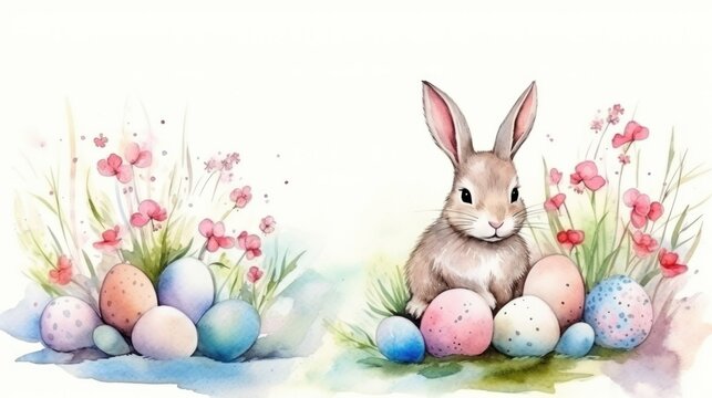 watercolor drawing of a bunny with Easter eggs, flowers and eggs nearby. front and back side of the postcard. horizontal photo. concept of Easter, Sunday, Christ,  eggs.space for text.copy space