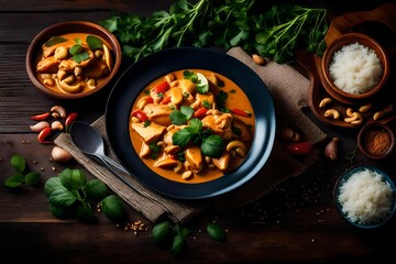 Fototapeta na wymiar Chicken and cashew red curry with rice and herbs, thai inspired dish