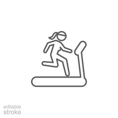 Woman running on treadmill icon. Simple outline style. Run, female, gym equipment, fitness, exercise machine, sport concept. Thin line symbol. Vector isolated on white background. Editable stroke SVG.