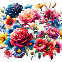 Watercolor flower clipart featuring a variety of flowers, such as roses, daisies, and tulips, on a white background.