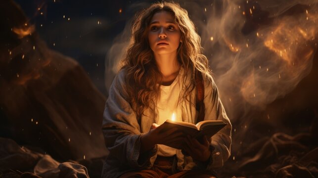 Mystical woman reading glowing book with magical light swirls