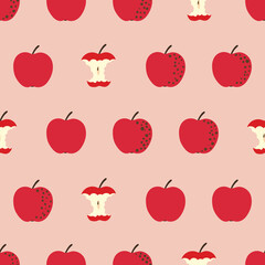 Seamless red apple and apple core pattern. Vector fruit background