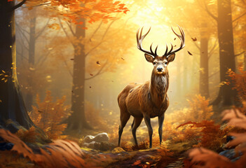 Stag in the autumn forest with a orange sky, in the style of photorealistic portraits, photo-realistic landscapes

