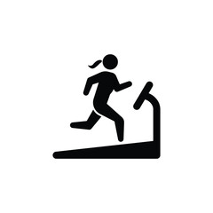 Fototapeta na wymiar Woman running on treadmill icon. Simple solid style. Run, female, gym equipment, fitness, exercise machine, sport concept. Black silhouette, glyph symbol. Vector isolated on white background. SVG.
