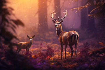 Deer deer deer stock photography, in the style of photorealistic landscapes, dark violet and light amber, photo-realistic landscapes, forestpunk, 32k uhd, realism with surrealistic elements, high qual