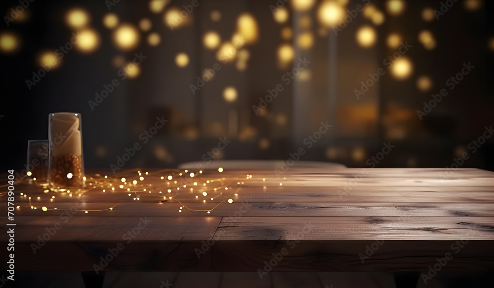 Aufkleber wood table top of blurred abstract gold bokeh background with christmas lights.