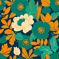 Decorative seamless floral pattern. Hand drawn design for textile, fabric, wallpaper, web, print. Colorful stylized flowers and plants. - 707890432